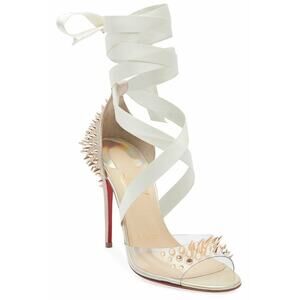 Christian Louboutin Barbarissima 100 Nude Gold PVC Lace Up Sandal Heel Pump 35.5